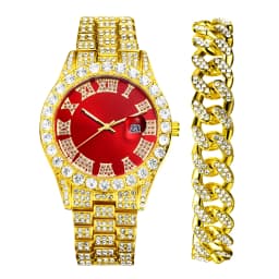 Lancardo Mens Luxury CZ Date Dial Quartz Wristwatch Cuban Link Chain Bracelet Calendar Waterproof Business Watch Clock Xmas Gift