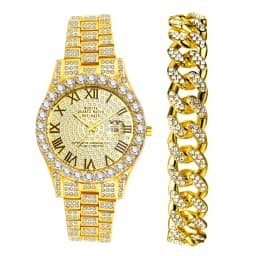 Lancardo Mens Luxury CZ Date Dial Quartz Wristwatch Cuban Link Chain Bracelet Calendar Waterproof Business Watch Clock Xmas Gift