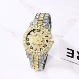 Lancardo Mens Luxury CZ Date Dial Quartz Wristwatch Cuban Link Chain Bracelet Calendar Waterproof Business Watch Clock Xmas Gift