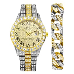 Lancardo Mens Luxury CZ Date Dial Quartz Wristwatch Cuban Link Chain Bracelet Calendar Waterproof Business Watch Clock Xmas Gift