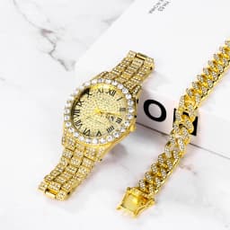 Lancardo Mens Luxury CZ Date Dial Quartz Wristwatch Cuban Link Chain Bracelet Calendar Waterproof Business Watch Clock Xmas Gift