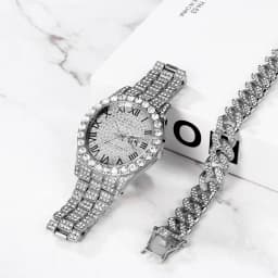 Lancardo Mens Luxury CZ Date Dial Quartz Wristwatch Cuban Link Chain Bracelet Calendar Waterproof Business Watch Clock Xmas Gift