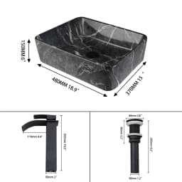 ZAPPO Black Bathroom Vessel Sink With Faucet and Drain, 19"x15"x6" Rectangular Vessel Sink Black Marble Bowl Sinks for Bathroom