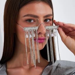 Stonefans Rhinestone Designer Tassel Gasses Frame for Women Half No Lenses Face Jewelry Eye Wear Decoration Make up Rave Fashion