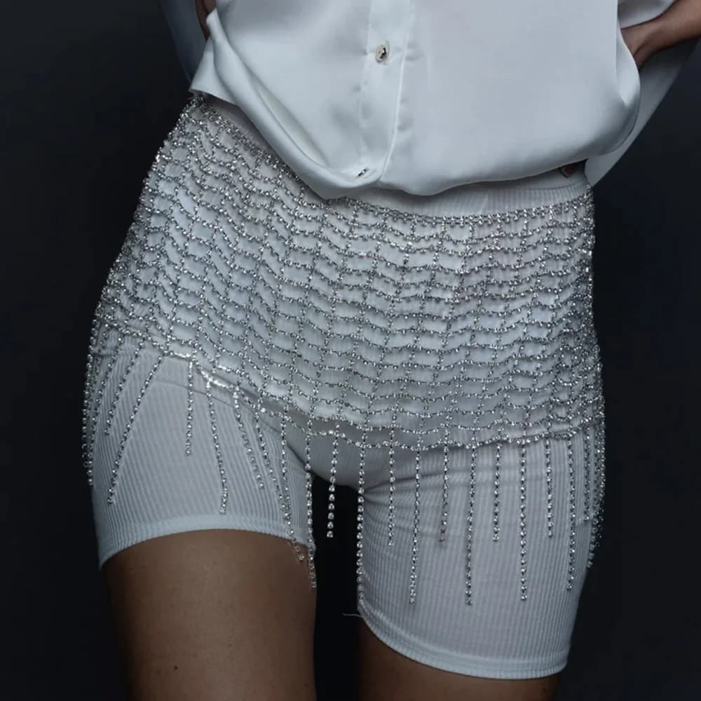 Stonefans Mesh Tassel Rhinestone Bottoms Body Jewelry for Women Summer Beach Package Hip Skirt Body Chain Night Club Outfits