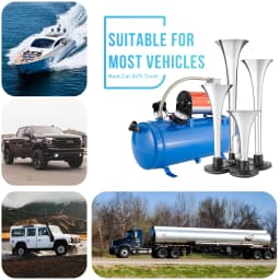 FARBIN 4 Trumpet Horns 150DB Train Horn Kit for Truck Air horns with 150 PSI 12V Blue Black Air Compressor Air Tank Can 0.8 Gal