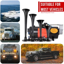 FARBIN 4 Trumpet Horns 150DB Train Horn Kit for Truck Air horns with 150 PSI 12V Blue Black Air Compressor Air Tank Can 0.8 Gal