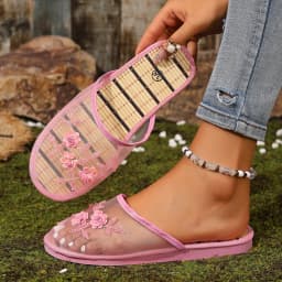 Mesh Breathable Embroidered Sequin Flower Mules Shoes Summer Comfort Soft Bottom Sandals Women Chinese Style Bamboo Sole Sandals