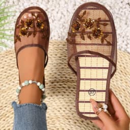 Mesh Breathable Embroidered Sequin Flower Mules Shoes Summer Comfort Soft Bottom Sandals Women Chinese Style Bamboo Sole Sandals