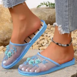 Mesh Breathable Embroidered Sequin Flower Mules Shoes Summer Comfort Soft Bottom Sandals Women Chinese Style Bamboo Sole Sandals