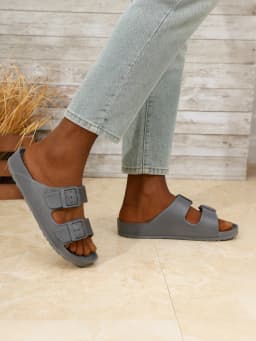 Men's Casual Simple Flat-Soled Adjustable Buckle Double-Bar Eva One-Piece Slip-On Slippers, Comfortable, Breathable, Lightweight Beach Slippers