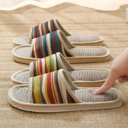 Striped Linen Open Toe Slippers Breathable Indoor House Slippers Anti Slip EVA Sole Lightweight Casual Home Slides For Men Women