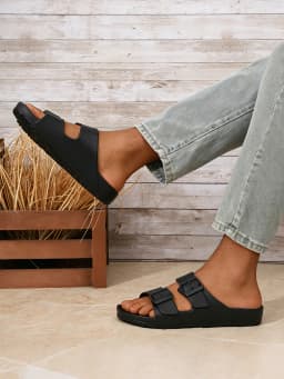 Men's Casual Simple Buckle-Adjustable Eva One-Piece Flat-Soled Slip-On Slippers Suitable for Home and Outdoor Beach Use