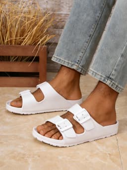 Men's Casual Simple Buckle-Adjustable Eva One-Piece Flat-Soled Slip-On Slippers Suitable for Home and Outdoor Beach Use