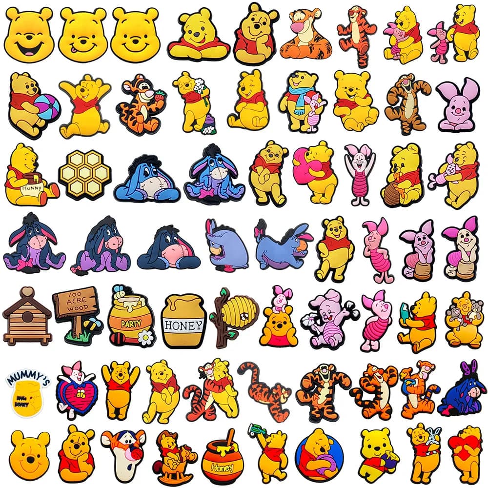 15-66Pcs Winnie Pooh Shoe Charms Set Cartoon Shoes Decoration Accessories DIY Classic Clog Sandal Buckle Friends Gifts