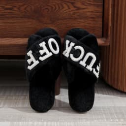Light Luxury Black Cross-Strap Plush Home Slippers with Pearl Rhinestone Letters, Quirky and Unique, Non-Slip Soft Sole Indoor Slippers, Same Style as European and American Influencers, Women's Warm Thick Plush Bedroom Guest Slippers, Comfortable Plush Slippers