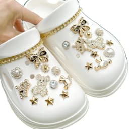 24PCS Luxury Design Shoe Charms Set Accessories for Clogs Shoe Buckle Gold Plated Bear Rhinestone Bow Chain DIY Shoes Decoration