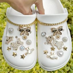 24PCS Luxury Design Shoe Charms Set Accessories for Clogs Shoe Buckle Gold Plated Bear Rhinestone Bow Chain DIY Shoes Decoration