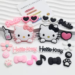 Pink & Black Relaxed Hello Kitty Cat Shoe Charms Set for Sandals & Slippers Accessories Women Girls DIY Decorative for Slides