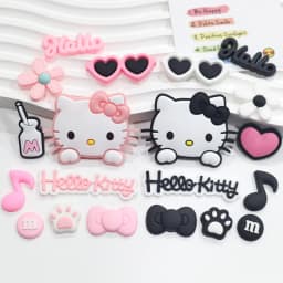 Pink & Black Relaxed Hello Kitty Cat Shoe Charms Set for Sandals & Slippers Accessories Women Girls DIY Decorative for Slides