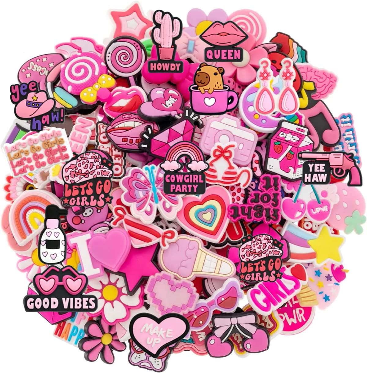 Random 10-100Pcs Pink Series Shoe Charms , PVC Shoe Decorations Accessories for Christmas, Birthday, Party, Gift Shoes Pins