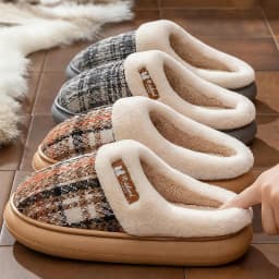 Women's Winter Warm Fur Slippers Stripe House Non Slip Shoes Comfort Flat Heel Home Indoor Bedroom Casual Plush Men Slippers