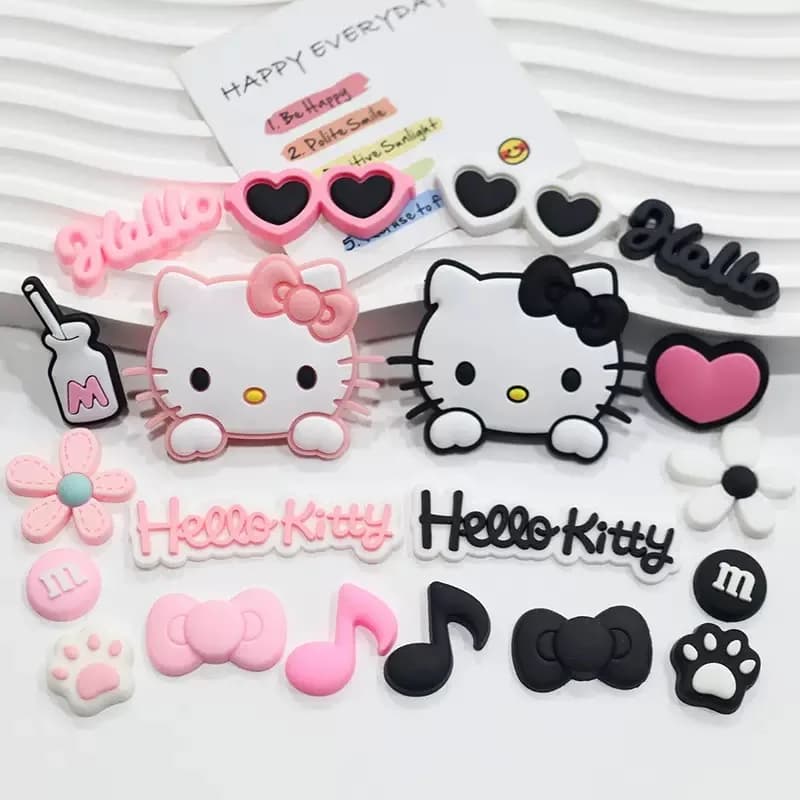 Pink & Black Relaxed Hello Kitty Cat Shoe Charms Set Cute Cat Shoe Flower Accessories For Sandals Female Girls' DIY Decoration
