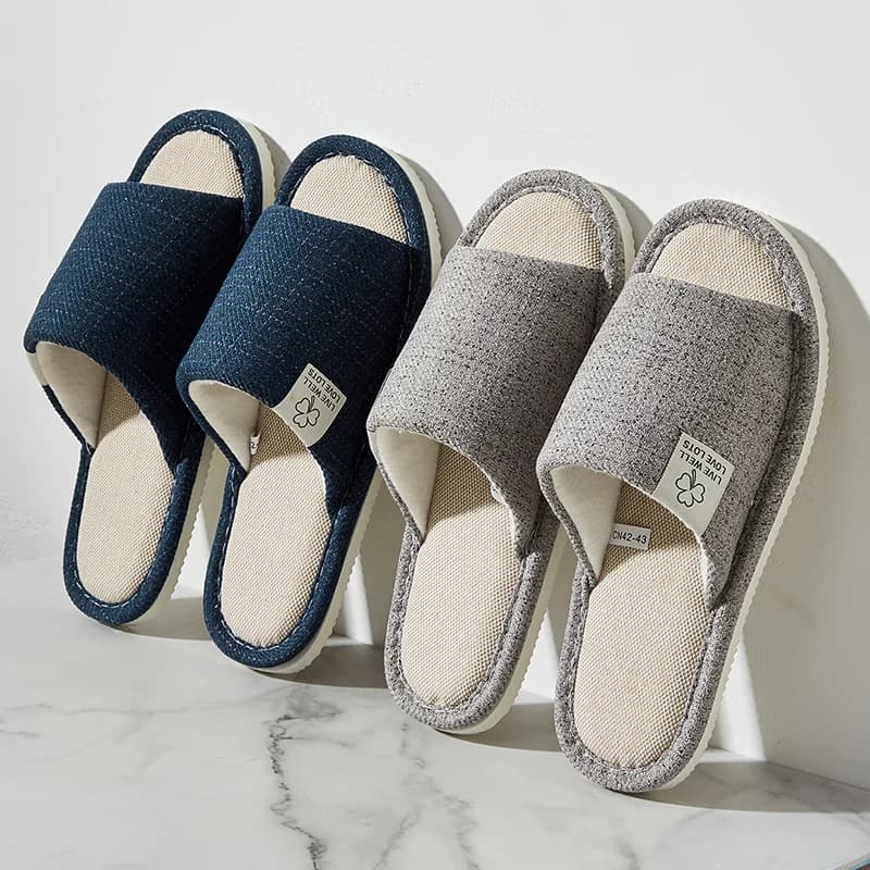 Men's Linen Slippers Breathable Open-Toe Non-Slip House Shoes, Lightweight & Quiet Slides for All Seasons, Guest Indoor Slippers