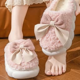 Women's Bow Slippers Thick-Soled Soft-Soled Bedroom Cotton Shoes Outdoor Indoor Winter Plush Non-Slip Bow Warm Houseshoes