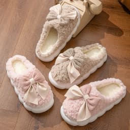 Women's Bow Slippers Thick-Soled Soft-Soled Bedroom Cotton Shoes Outdoor Indoor Winter Plush Non-Slip Bow Warm Houseshoes
