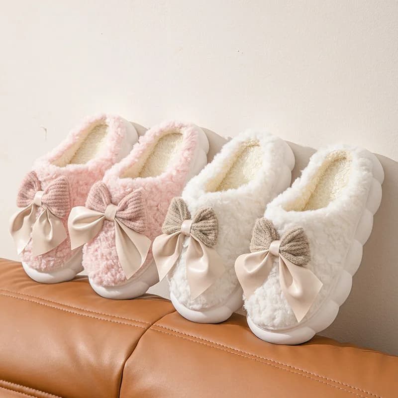 Women's Bow Slippers Thick-Soled Soft-Soled Bedroom Cotton Shoes Outdoor Indoor Winter Plush Non-Slip Bow Warm Houseshoes