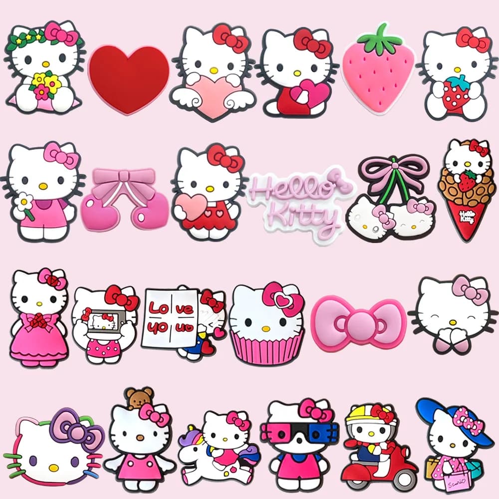24Pcs/Lot Hello Kitty PVC Shoe Charms Pink Bow Strawberry Cupcake Detachable Clog Shoe DIY Decor Accessories Gift