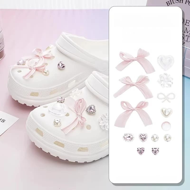 Luxury Bow Heart Shoe Charms for Summer Beach Sandals Rhinestone Ballet Style Decorations DIY Accessories Women Girls Gifts
