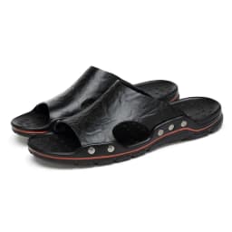 YRZL Mens Sandals PU Leather Classic Summer Men Slippers Soft Black Slippers Big Size Slippers Lightweight EVA Slides for Men