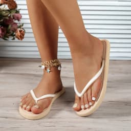 Women's Summer Solid-Color Fashion Waterproof Non-Slip Breathable Round-Toe Flat Slip-On Beach Pool Bathroom Flip-Flops