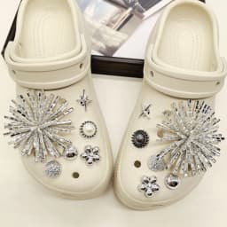 12PCS Shiny Firework Starbust Shoe Charms Accessories Silvery Heart Clogs Shoe Buckles DIY Decorations Round Beads Shoe Clips