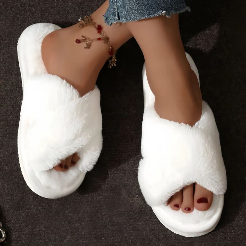 Women Fluffy Furry Slippers Cross Warm Lightweight Flat Heels Non Slip Home Shoes Autumn Winter Open Toe Fur Slides