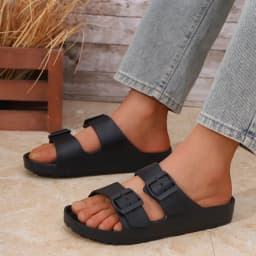 Men's Casual Simple Buckle-Adjustable Eva One-Piece Double-Bar Flat-Soled Slip-On Slippers for Home or Outdoor Beach Use
