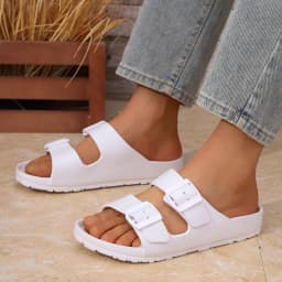 Men's Casual Simple Buckle-Adjustable Eva One-Piece Double-Bar Flat-Soled Slip-On Slippers for Home or Outdoor Beach Use