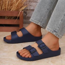 Men's Casual Simple Buckle-Adjustable Eva One-Piece Double-Bar Flat-Soled Slip-On Slippers for Home or Outdoor Beach Use