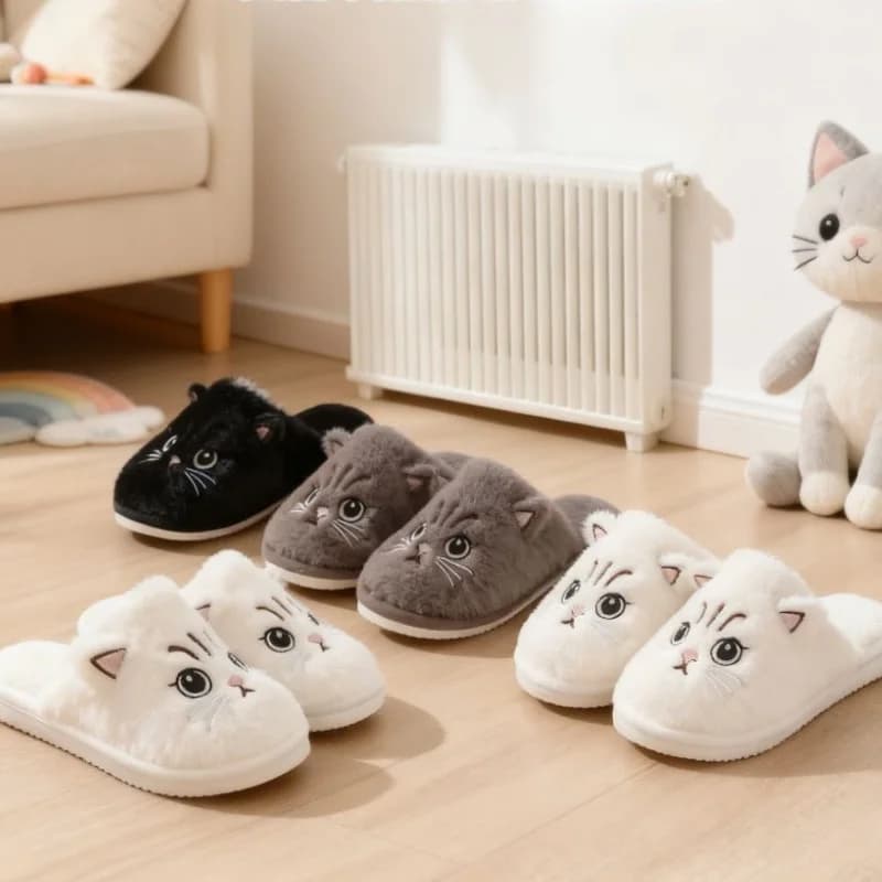 Solid Color Faux Fur Cat Home Slippers Couple Winter Warm Plush Soft EVA Slides Women Indoor Non-slip Sandals Adults Flip Flops