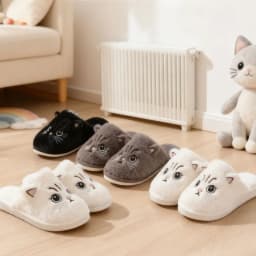 Solid Color Faux Fur Cat Home Slippers Couple Winter Warm Plush Soft EVA Slides Women Indoor Non-slip Sandals Adults Flip Flops