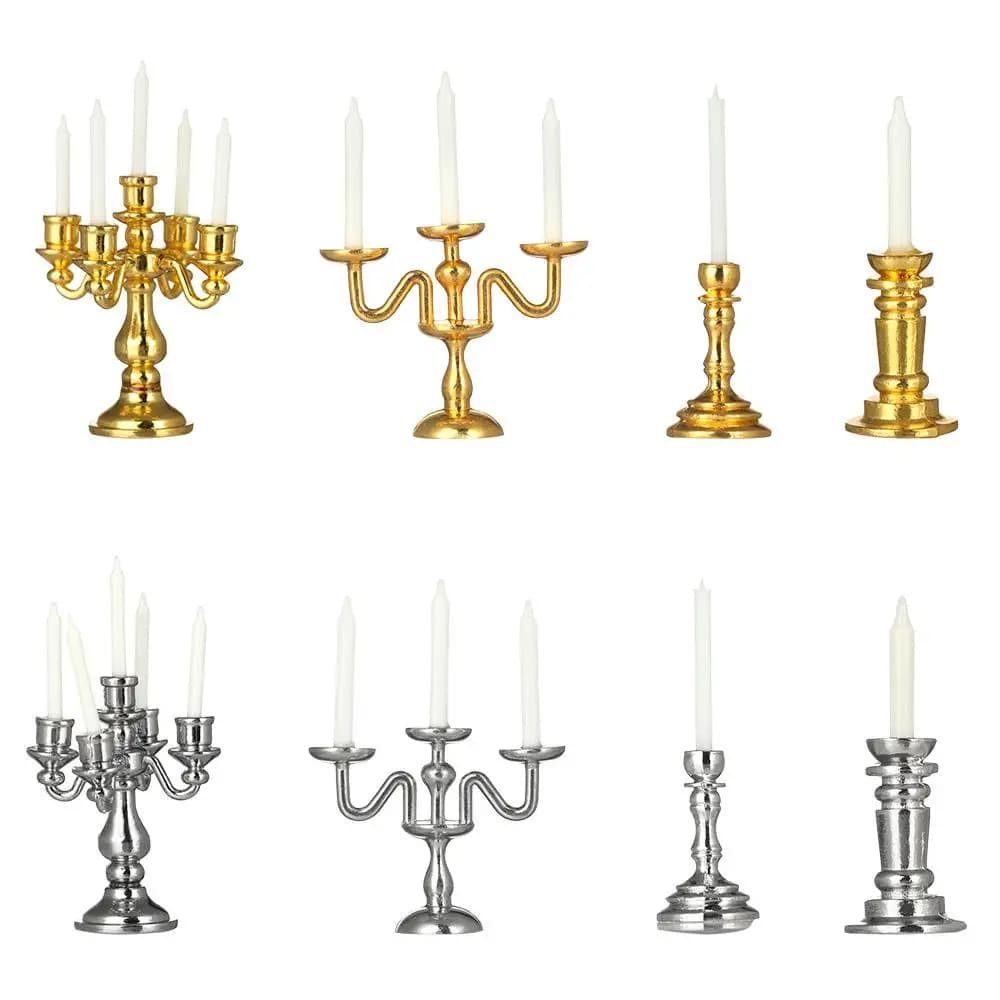 1:12 Scale Miniature Candlesticks Candelabra Dollhouse Candles Furniture Toy Pretend Play Doll House Decoration Accessories
