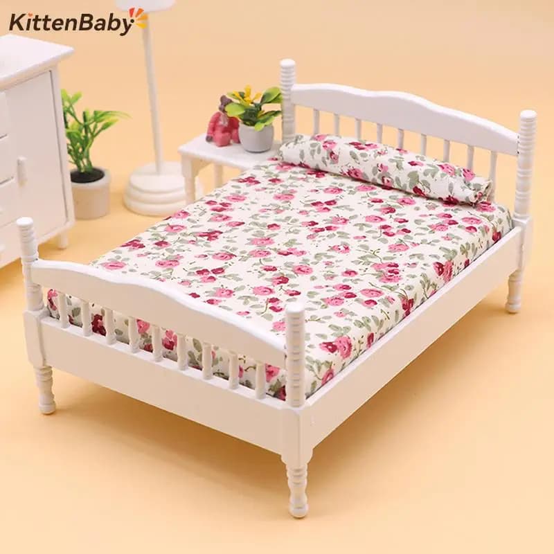 1/12 Dollhouse Wooden/Iron Mini Single/Double Bed Home Bedroom Furniture Toy Living Room Furniture Model Handmade Toy