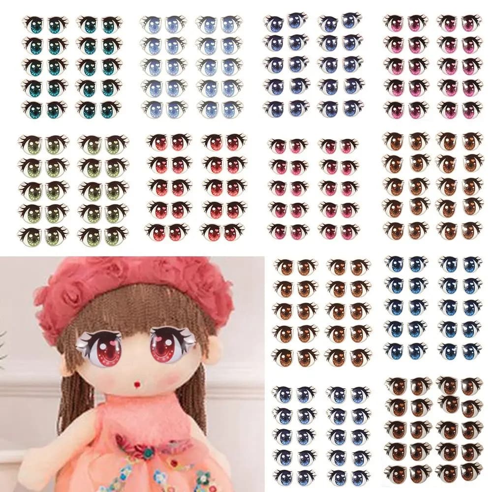 10Pairs Cartoon Eyes Stickers Long Eyelashes Cute Eyes Sticker Anime Figurine Doll Face Decals DIY Doll Accessories