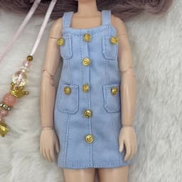 Blyth Clothes Azone OB22 OB24 Doll Accessories Fashion Denim Strap Short Skirt with Long Sleeved Dress Pleated Skirt Toy Gift