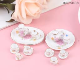 8PCS 1/12 Miniature Dollhouse pink Flower Patten Porcelain Coffee Tea Cups Ceram