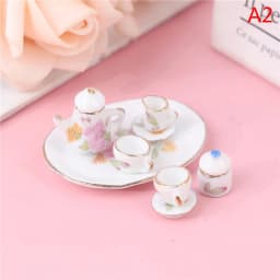 8PCS 1/12 Miniature Dollhouse pink Flower Patten Porcelain Coffee Tea Cups Ceram