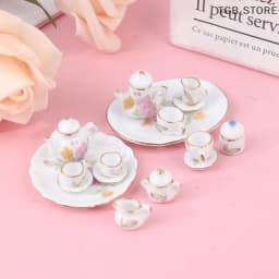 8PCS 1/12 Miniature Dollhouse pink Flower Patten Porcelain Coffee Tea Cups Ceram
