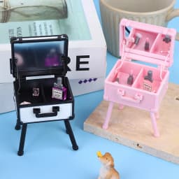 1Set 1:12 Dollhouse Mini Vanity Cosmetic Case Lipstick Perfume Air Cushion Mirror With Holder Furniture Decor Play House Toys